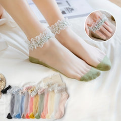 10pcs Women’s Delicate Lace Trim Ankle Socks - Breathable Polyester, Assorted Pastel Colors (Pink, Blue, White, Black & More), Japanese-Inspired Glass Crystal Fairy Design, Perfect for Summer & Casual Wear, Versatile Fashio - KawaSocks