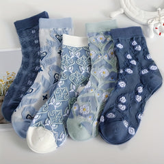 5 Comfy Cartoon Flower Pattern Knitted Socks, Breathable Soft Crew Socks For Outdoor Wearing - KawaSocks