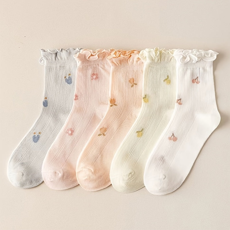 5pcs Women's Breathable Mesh Mid-Calf Socks with Floral Print & Lettuce Trim - Comfortable Polyester Blend, Machine Washable - KawaSocks