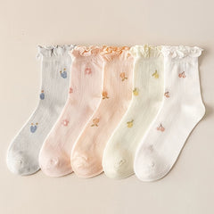 5pcs Women's Breathable Mesh Mid-Calf Socks with Floral Print & Lettuce Trim - Comfortable Polyester Blend, Machine Washable - KawaSocks