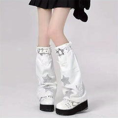 Women's Fashion Flared Knee-High Socks with Five-Pointed Star Patch, Knitted Polyester Leg Warmers for Themed Party - KawaSocks