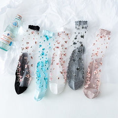 5 Pairs Women Transparent Sheer Mesh Short Socks Ultrathin Elastic Stockings Anklets Embroidery Flower Cute Socks - KawaSocks