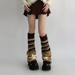 1 Pair Women's Fashionable Knit Leg Sleeves with Asymmetrical Star Pattern, Y2K Style, Cute Dress-Up Accessory, Five-pointed Star, Striped - KawaSocks