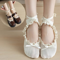 1/2 Pair of Lace Socks for Women, Black and White Lace Boat Socks with Lace Ties, Thin Ballet Style, 'S Bow, Mary Jane - KawaSocks