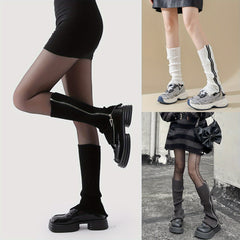 Y2K-Inspired Zip-Up Knit Leg Warmers - Cozy Acrylic, Solid Color, Perfect for Fall/Winter Fashion - KawaSocks