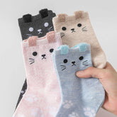 5 Pairs of Cute Cat Footprint Warm Cotton Socks, Cartoon Three-dimensional Ears Mid-Calf Socks, Women's Socks - KawaSocks