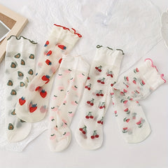 5 Pairs Women'S Knee-Length Socks, Summer Thin Polyamide 100% Crystal Sheer Socks with Lettuce Trim, Fruit & Vegetable Pattern, Cherry & Strawberry Design, Knit Fabric, Machine Washable - KawaSocks