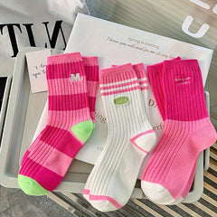 3-Pack Women'S Striped Knit Polyester Socks, Versatile All-Season Embroidered Crew Socks, Machine Washable - KawaSocks