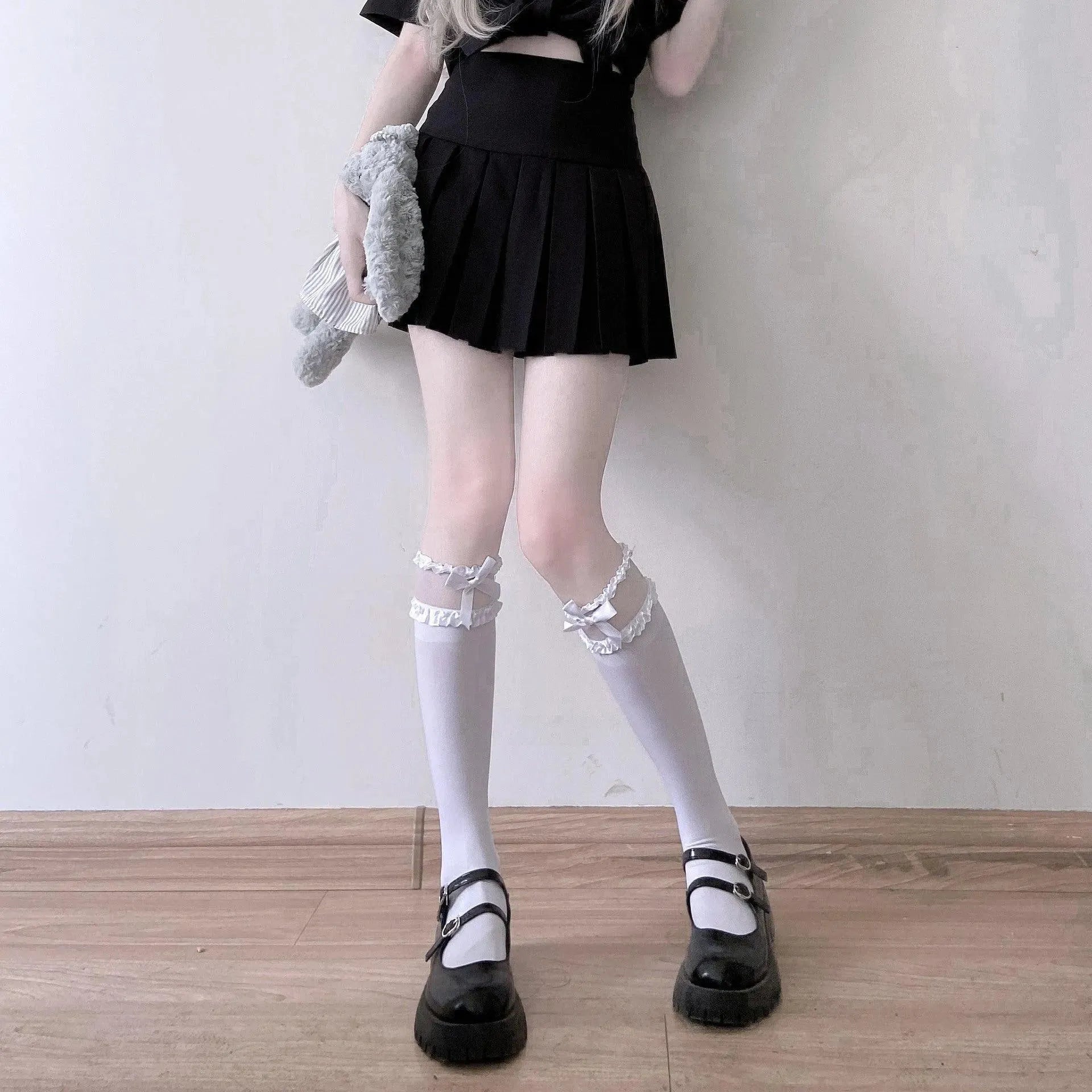 Solid Color Lolita Knee High Frilly Socks with Ruffle - KawaSocks