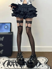 Black Thigh High Socks with Garter - Polka Dot & Diamond Pattern - KawaSocks