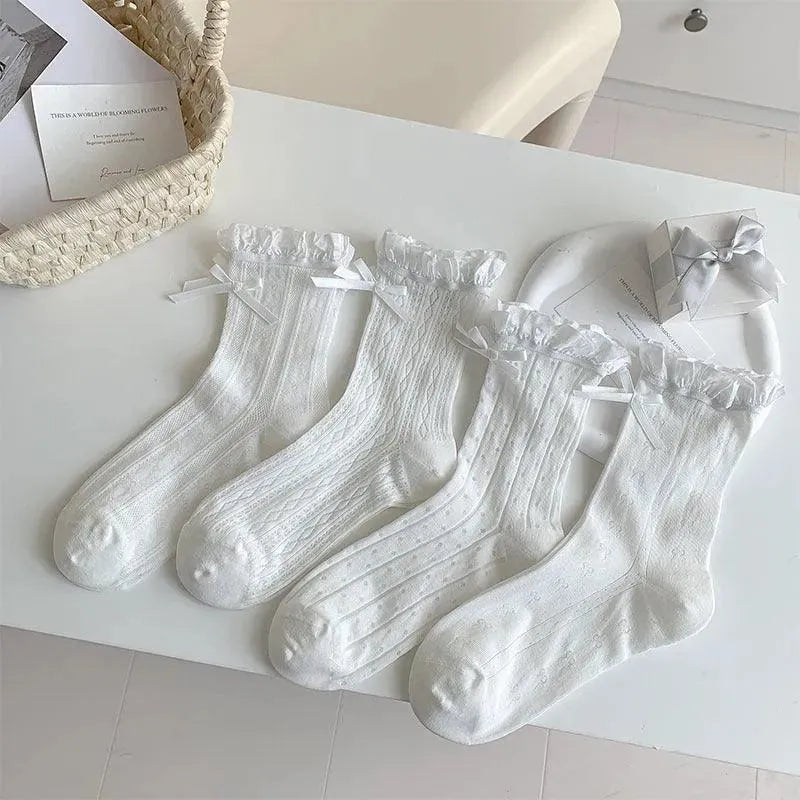 Frilly Crew Socks with Ribbon | Lace Socks With Ruffle | Kawaii Socks - KawaSocks