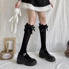 Gothic Lolita Fashion Black Knee High Socks with Frilly Cuffs - KawaSocks