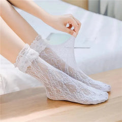 Kawaii Lolita Outfits Mesh Socks White Lace Ankle Socks - KawaSocks