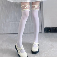 white lace thigh high socks with Bows and Lace - Cream, Blue, Pink - KawaSocks