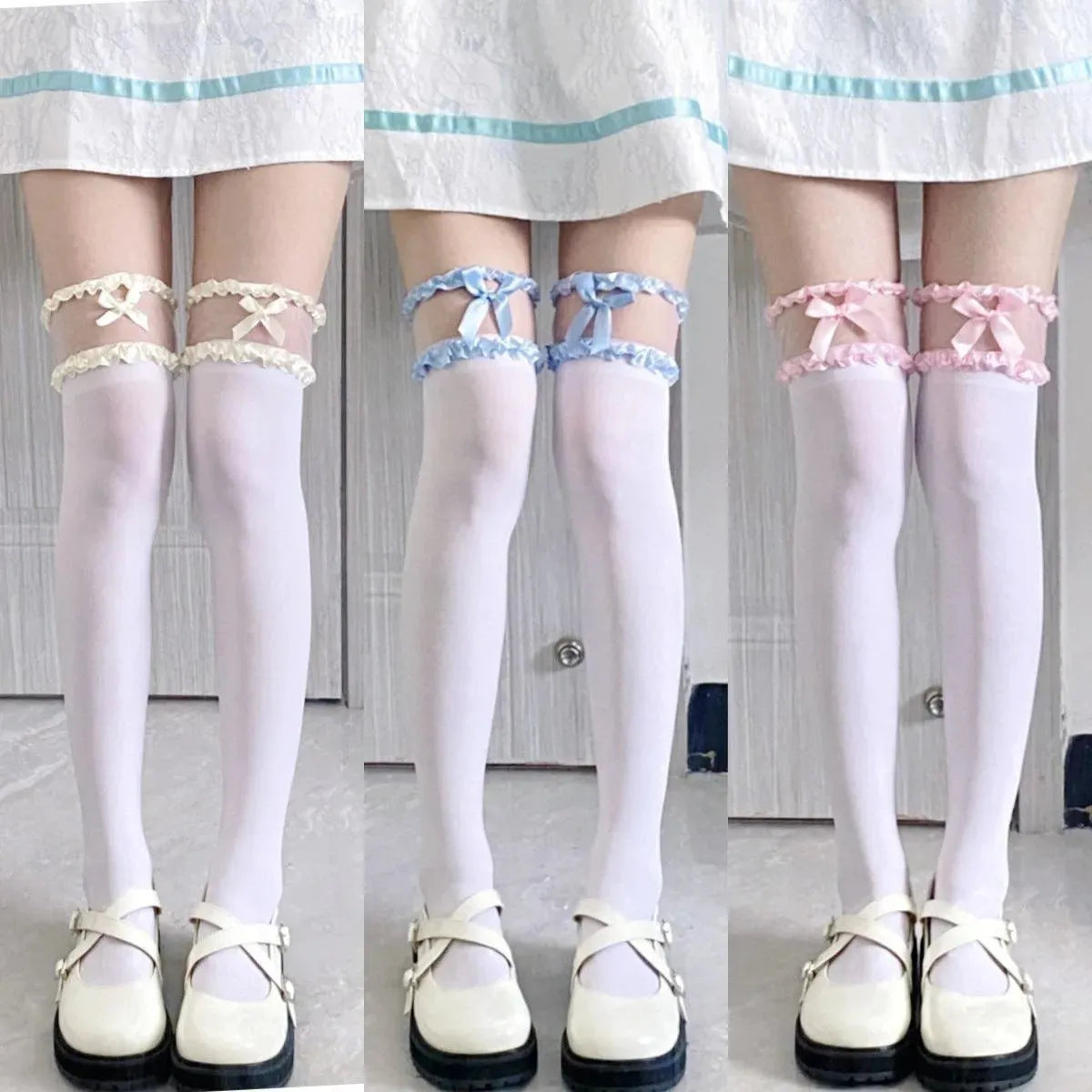 white lace thigh high socks with Bows and Lace - Cream, Blue, Pink - KawaSocks