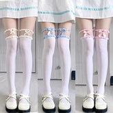 white lace thigh high socks with Bows and Lace - Cream, Blue, Pink - KawaSocks
