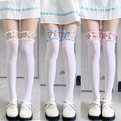 white lace thigh high socks with Bows and Lace - Cream, Blue, Pink - KawaSocks