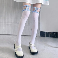 white lace thigh high socks with Bows and Lace - Cream, Blue, Pink - KawaSocks
