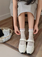 Vintage Cottagecore Pointelle Ribbed Cotton Double Layer Ruffle Crew Socks For Romantic Mori Girl Outfits - KawaSocks