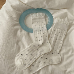 Vintage Coquette Ribbed Cotton Polka Dot Lace Trim Crew Socks For Sweet Outfits - KawaSocks
