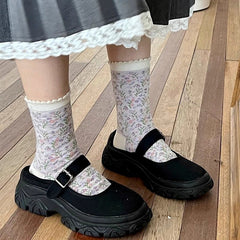 Cottagecore Vintage Soft Cotton Ruffle Edge Ribbon Crew Socks For Romantic Outfits - KawaSocks