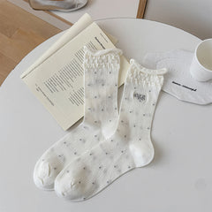 Coquette Vintage Ruffle Ribbon Pointelle Heart Cotton Crew Socks - KawaSocks