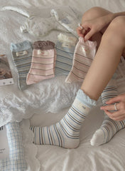 Pastel Kawaii Soft Cotton Striped Ruffle Hem Crew Socks For Everyday Casual Wear - KawaSocks