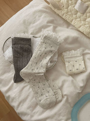 Vintage Coquette Ribbed Cotton Polka Dot Lace Trim Crew Socks For Sweet Outfits - KawaSocks