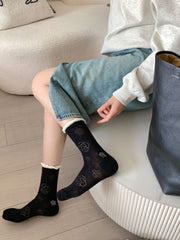 Vintage Coquette Soft Cotton Contrast Ruffle Rose Embroidered Crew Socks for Cute Daily Outfits - KawaSocks