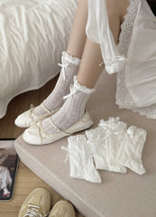 Coquette White Lace Heart Ribbon Ruffle Crew Socks for Balletcore Aesthetic - KawaSocks