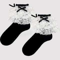 Enchanting Lolita Tiered Lace Ruffle Ribbed Cotton Crew Socks for Doll-Like Fashion - KawaSocks