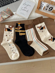 Playful Dachshund Puppy Print Soft Cotton Crew Socks for Casual Everyday Outfits - KawaSocks