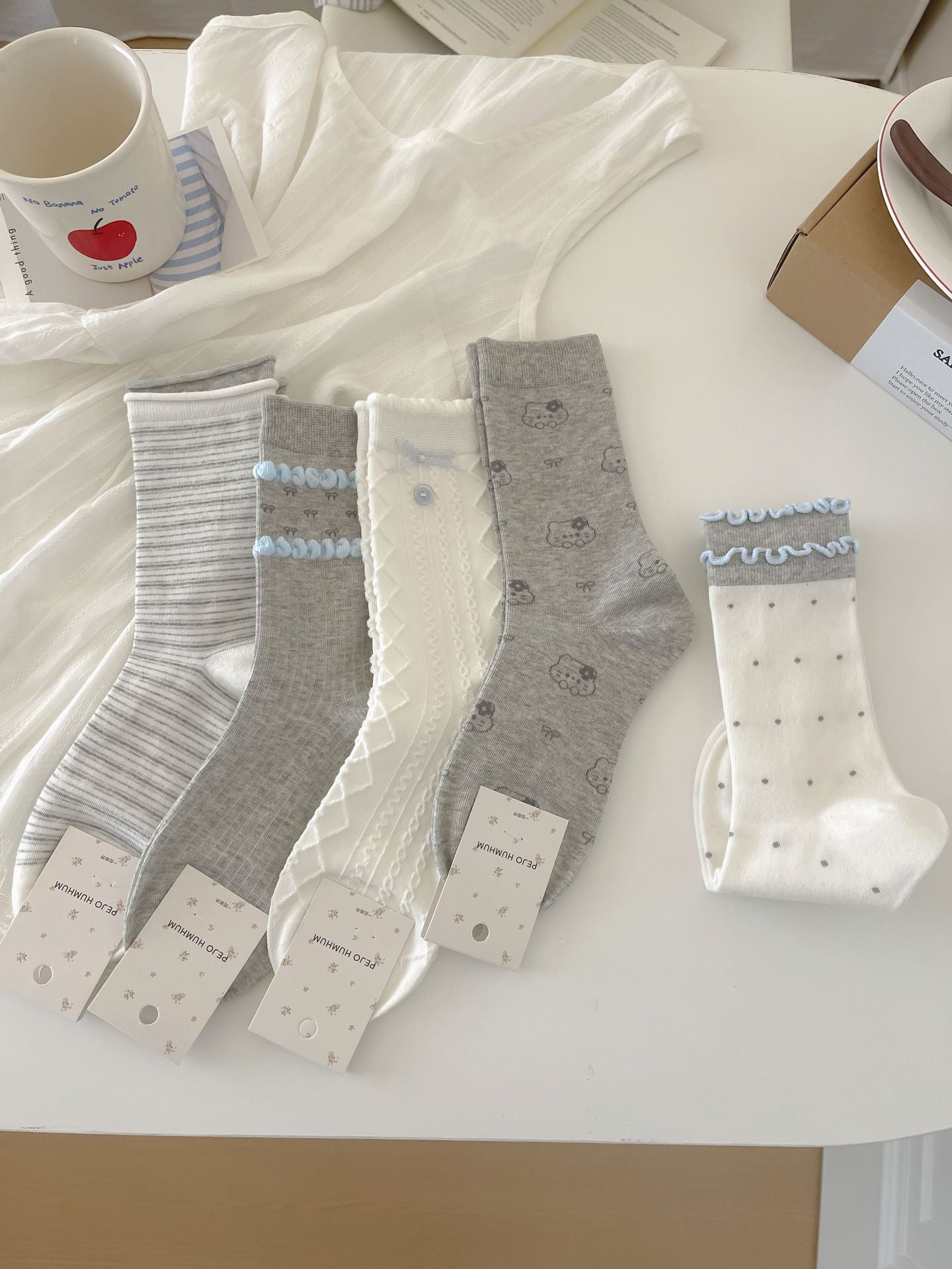 Vintage Coquette Pastel Blue and Gray Ruffle Cotton Crew Socks for Kawaii Aesthetics - KawaSocks