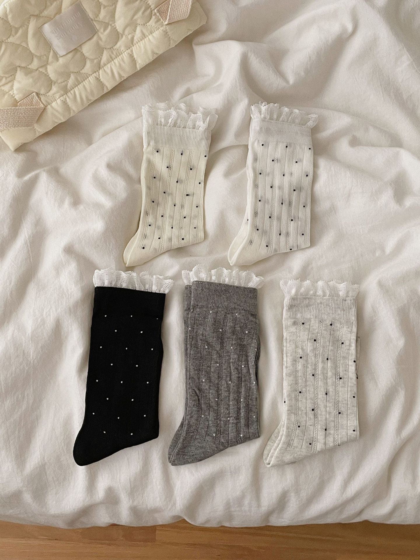 Vintage Coquette Ribbed Cotton Polka Dot Lace Trim Crew Socks For Sweet Outfits - KawaSocks