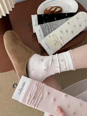 Vintage Cottagecore Pointelle Knit Floral Embroidery Crew Socks - KawaSocks