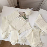 Romantic Coquette Cream Cotton Heart Pointelle Crew Socks with Satin Bows - KawaSocks