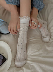Vintage Coquette Ribbed Cotton Polka Dot Lace Trim Crew Socks For Sweet Outfits - KawaSocks