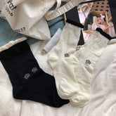 Vintage Coquette Soft Cotton Contrast Ruffle Rose Embroidered Crew Socks for Cute Daily Outfits - KawaSocks