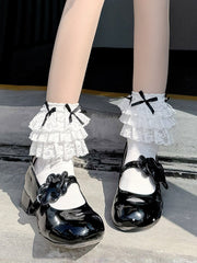 Enchanting Lolita Tiered Lace Ruffle Ribbed Cotton Crew Socks for Doll-Like Fashion - KawaSocks