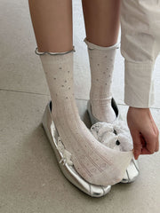 Coquette Vintage Ruffle Ribbon Pointelle Heart Cotton Crew Socks - KawaSocks