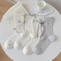 Coquette Vintage Ruffle Ribbon Pointelle Heart Cotton Crew Socks - KawaSocks
