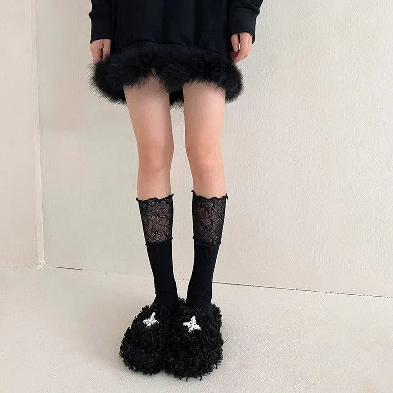 Plain Lace Ruffle Knee High Socks, Gothic Highsocks - KawaSocks