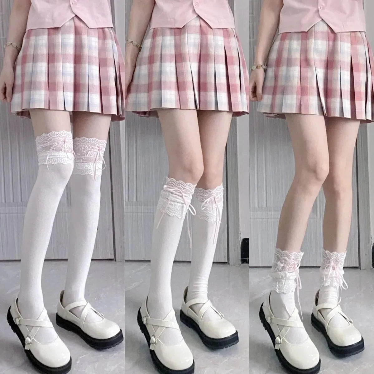 White Lolita Socks with Ribbon | Trim Knee High Stockings - KawaSocks