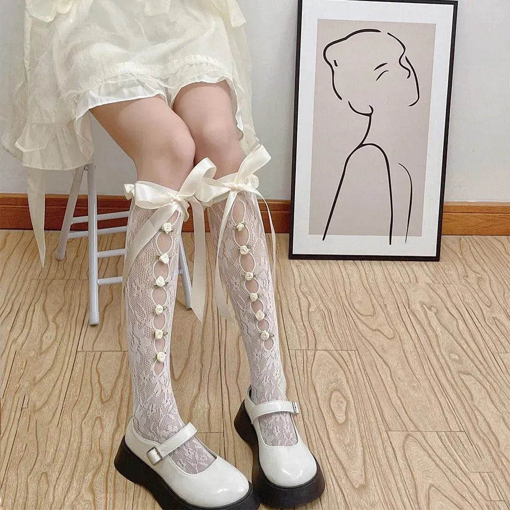 Cutout Lolita Knee High Socks With Ribbon and Flower | Lolita Outfits - KawaSocks