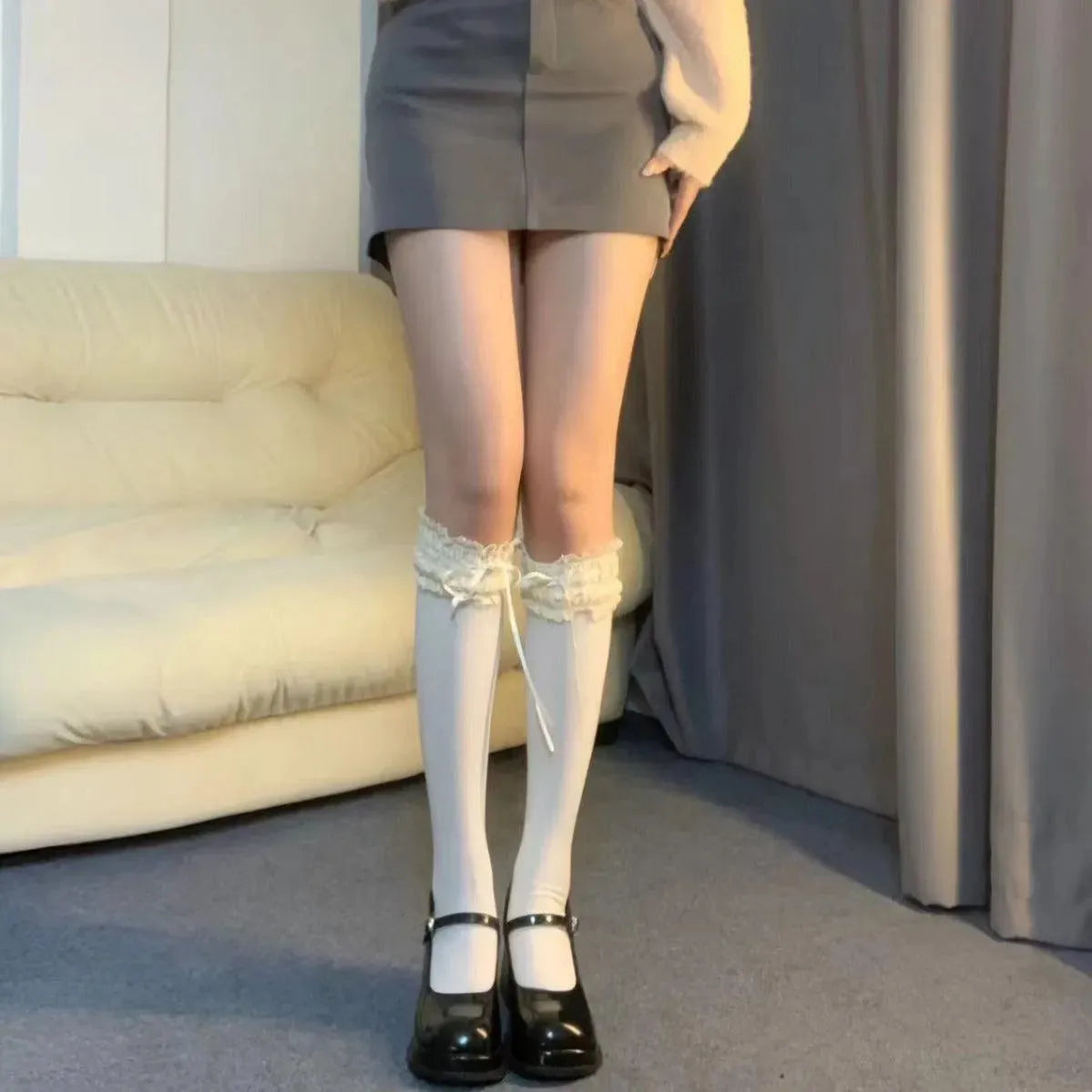 Lace Socks with Ruffle | Knee Highs Frilly Socks - KawaSocks