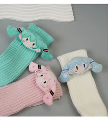 Hatsune Miku Green Knitted Pile Socks Mid-tube Autumn/winter Cute Pink Personality Doll Calf Cover - KawaSocks