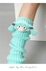 Hatsune Miku Green Knitted Pile Socks Mid-tube Autumn/winter Cute Pink Personality Doll Calf Cover - KawaSocks