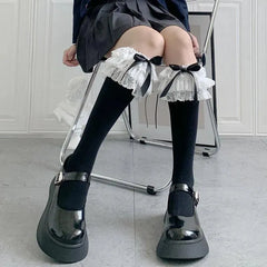 Solid Color Lolita Knee High Socks With Ribbon | Lolita Outfits - KawaSocks