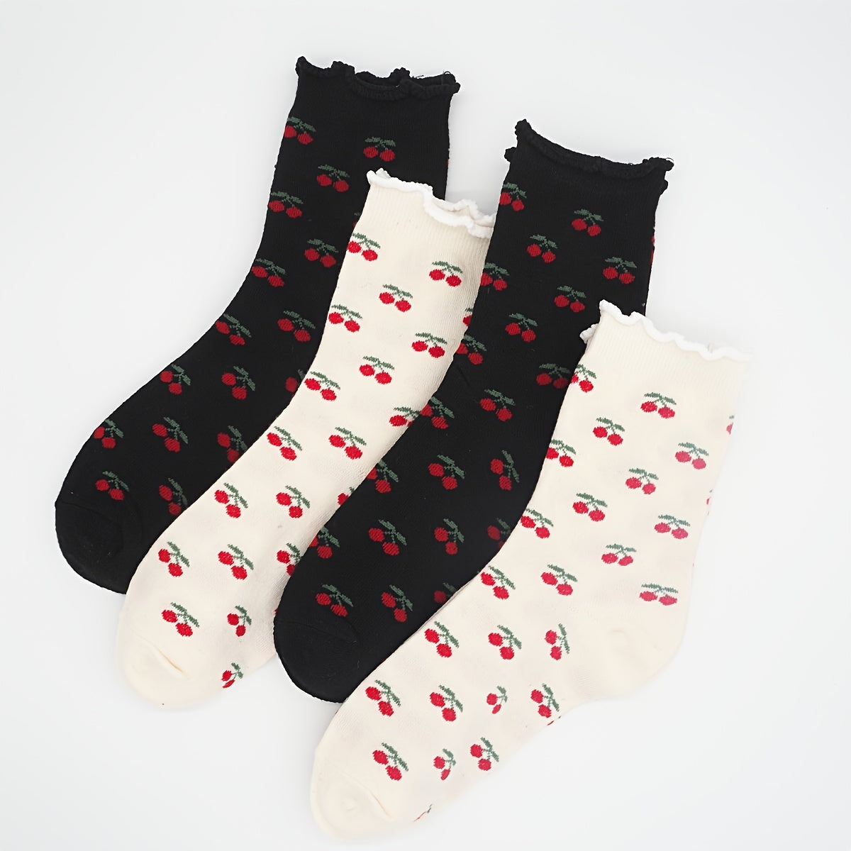 4 Pairs of Four Seasons Women's Mid-Calf Socks with Cherry Print Autumn Mid-Calf Socks in Ballet Style Sweet Girl Style Women's Socks - KawaSocks