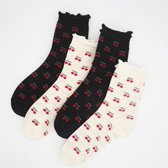 4 Pairs of Four Seasons Women's Mid-Calf Socks with Cherry Print Autumn Mid-Calf Socks in Ballet Style Sweet Girl Style Women's Socks - KawaSocks